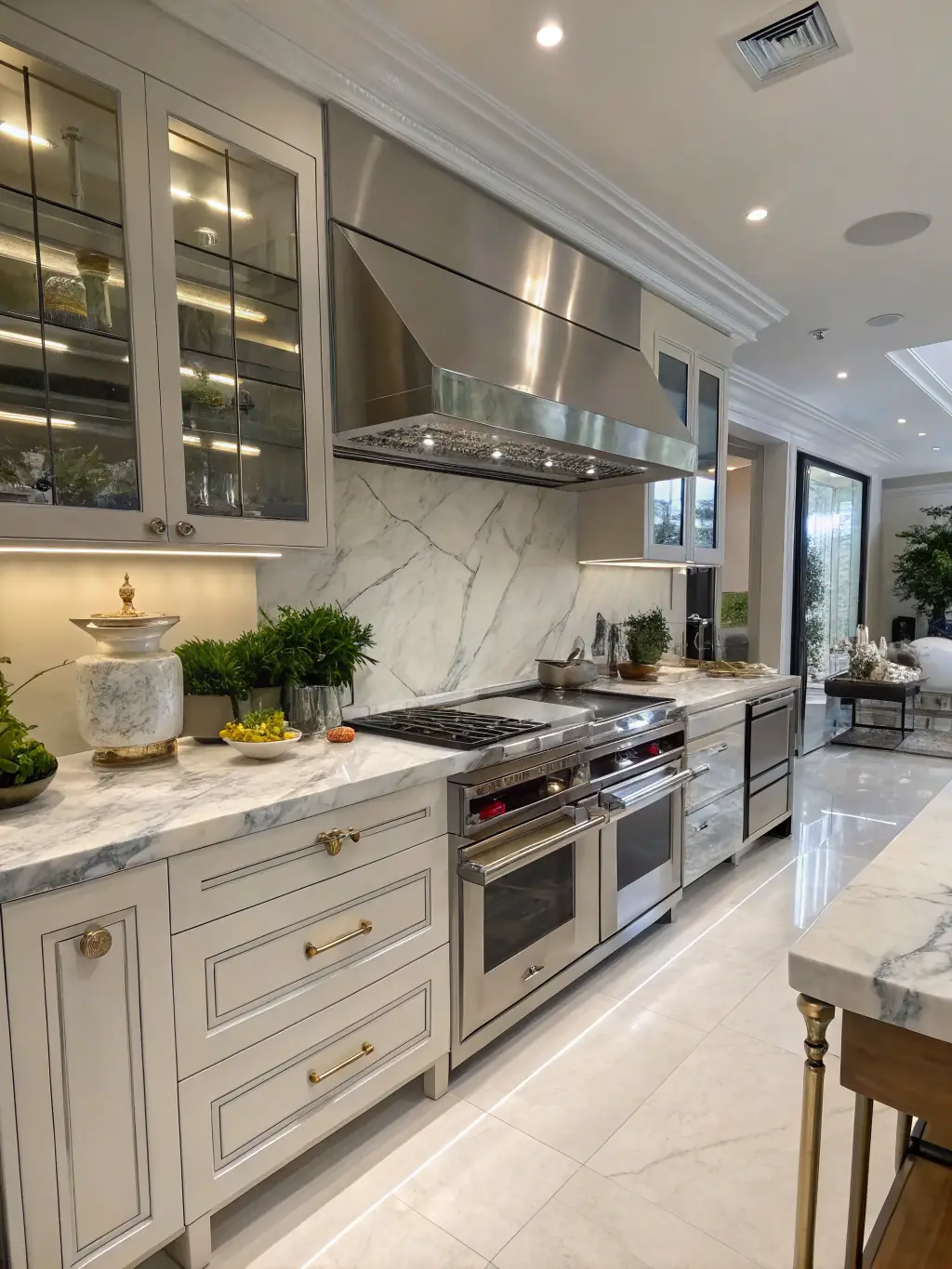 A modern kitchen with stainless steel appliances and granite countertops in a luxury home in North Port, Florida, bathed in natural light.