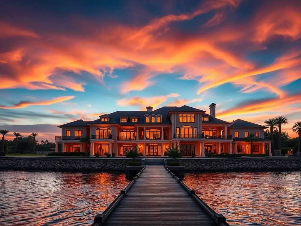 A luxurious waterfront villa in North Port, Florida, with a private dock and stunning sunset views. The image should capture the elegance and exclusivity of the property.